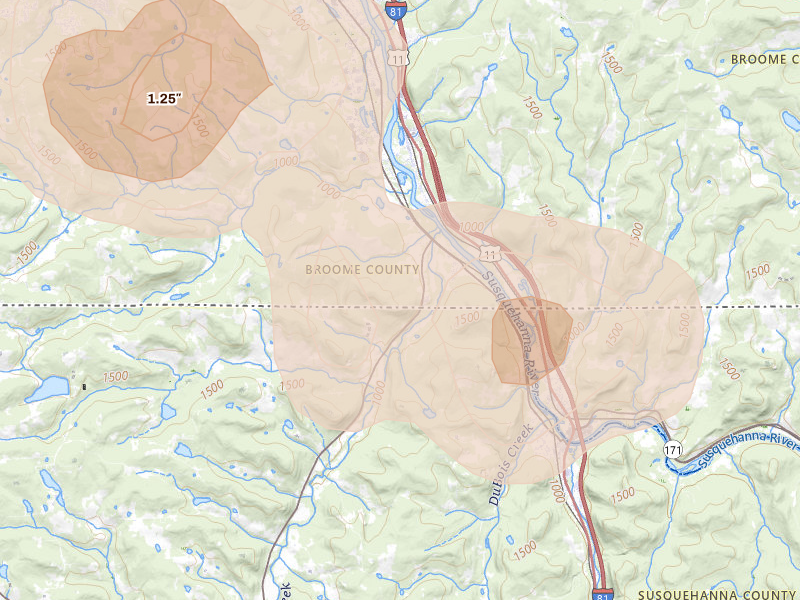 Radar-estimated hail-size map of the storm over Conklin, NY on Jul 3, 2026