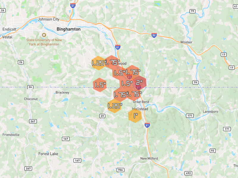 Hail map of Conklin, NY on Jul 3, 2026, hail up to 2"