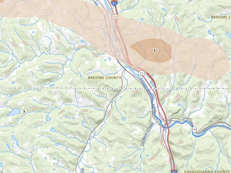 Radar-estimated hail-size map of the storm over Conklin, NY on Aug 12, 2026