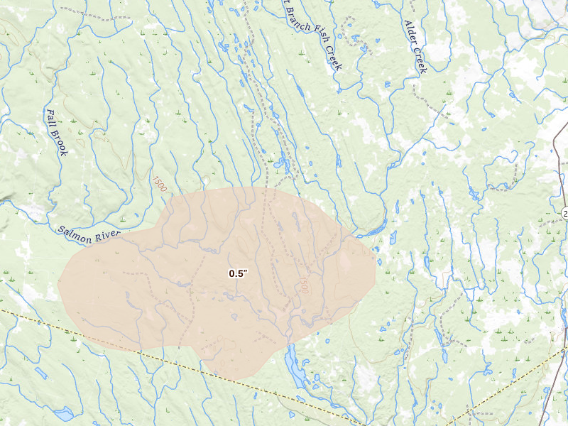 Radar-estimated hail-size map of the storm over Constableville, NY on Jul 1, 2026