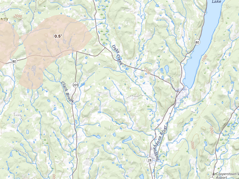 Radar-estimated hail-size map of the storm over Cooperstown, NY on Jul 1, 2026