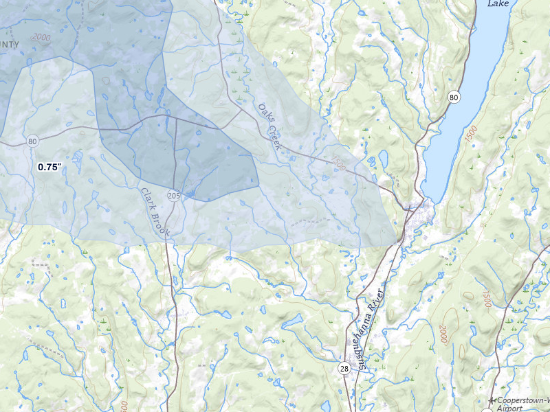 NEXRAD radar-signature map of the hail storm over Cooperstown, NY on Jul 1, 2026
