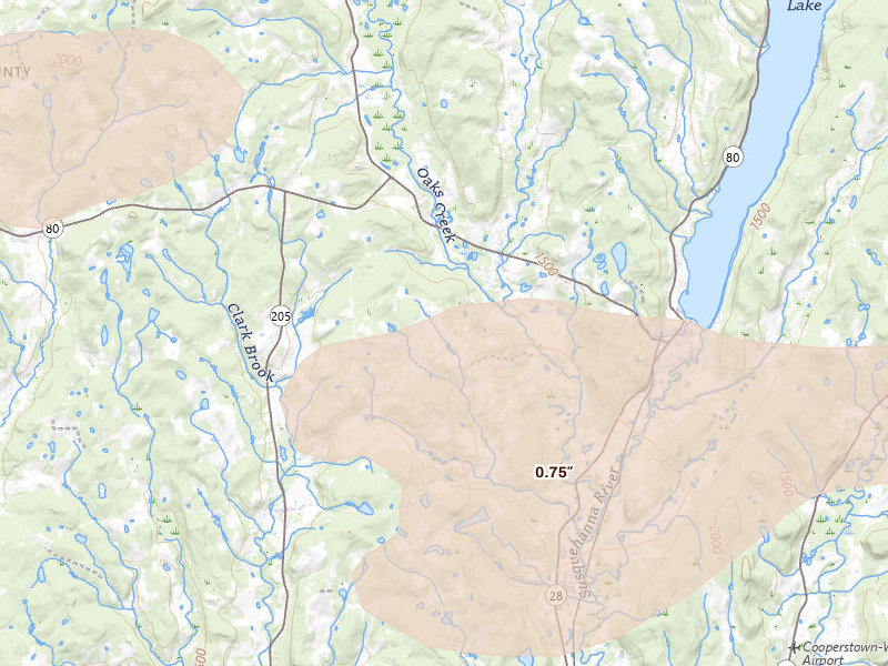 Radar-estimated hail-size map of the storm over Cooperstown, NY on Aug 27, 2026