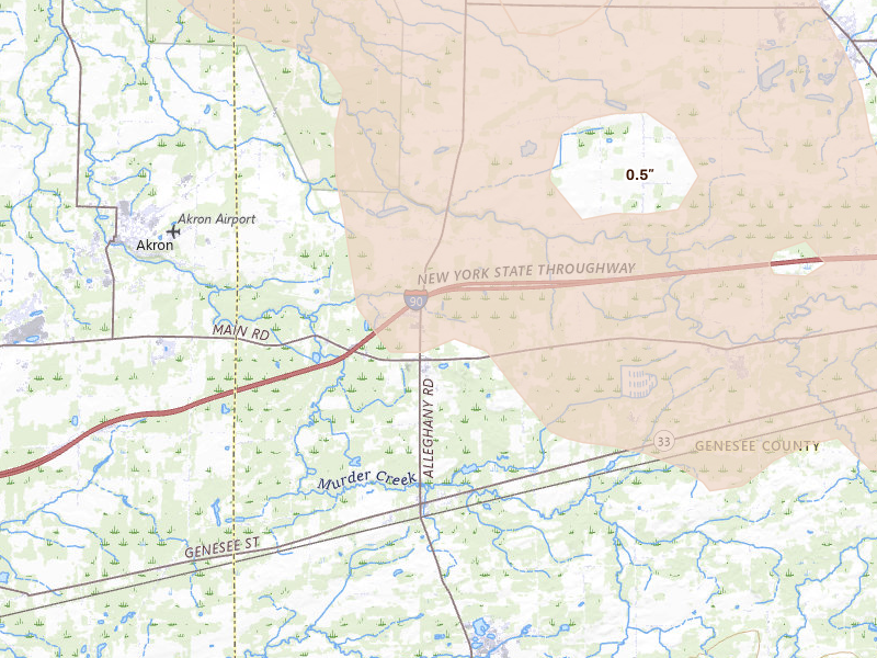 Radar-estimated hail-size map of the storm over Corfu, NY on Sep 2, 2026