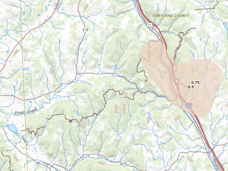 Radar-estimated hail-size map of the storm over Cortland, NY on Jul 3, 2026
