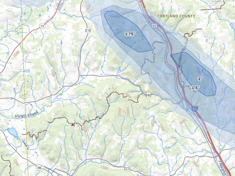 NEXRAD radar-signature map of the hail storm over Cortland, NY on Jul 3, 2026