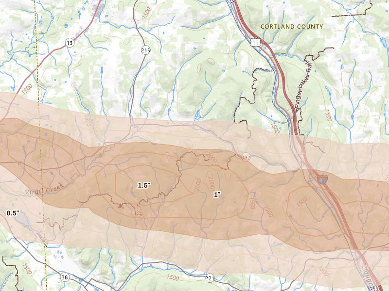 Radar-estimated hail-size map of the storm over Cortland, NY on Jul 18, 2026