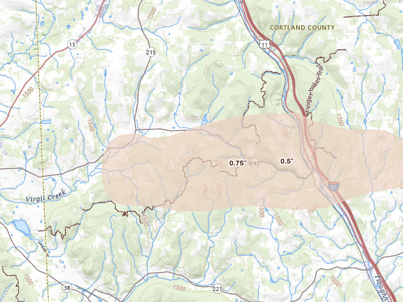 Radar-estimated hail-size map of the storm over Cortland, NY on Aug 27, 2026