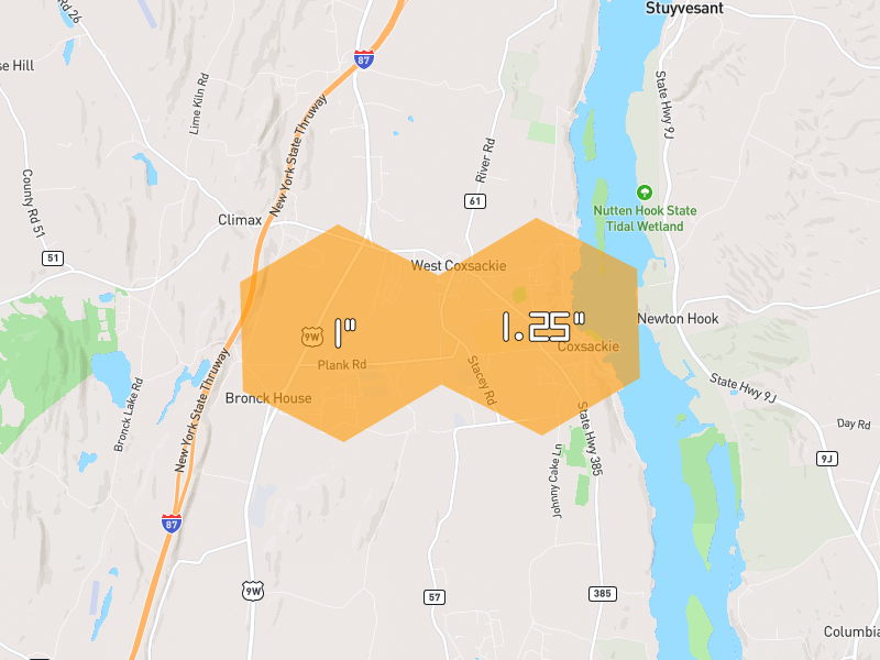 Hail map of Coxsackie, NY on Jul 2, 2026, hail up to 1.25"