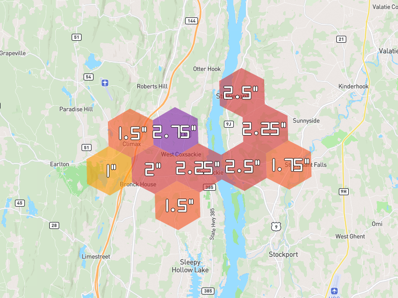 Hail map of Coxsackie, NY on Jul 3, 2026, hail up to 2.75"