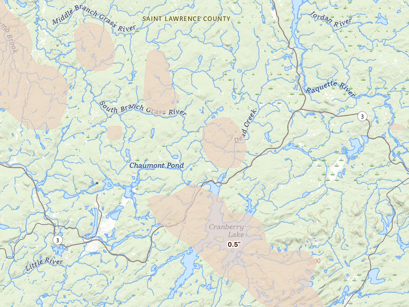 Radar-estimated hail-size map of the storm over Cranberry Lake, NY on Jul 14, 2026