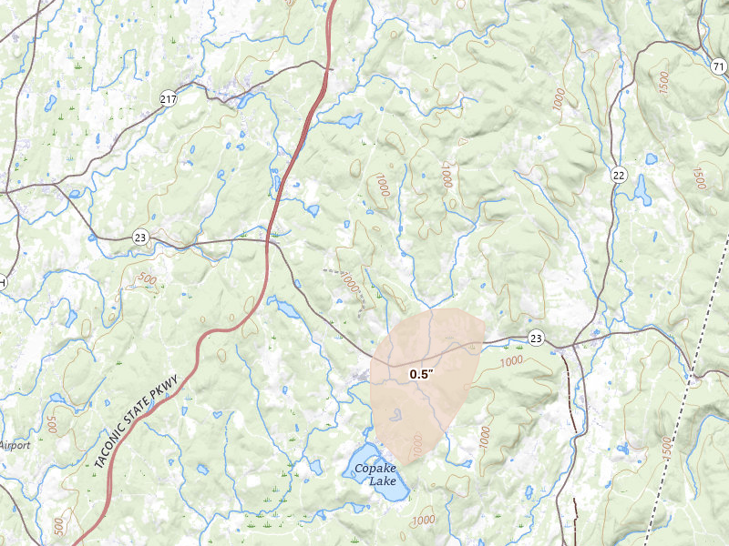 Radar-estimated hail-size map of the storm over Craryville, NY on Jul 28, 2026