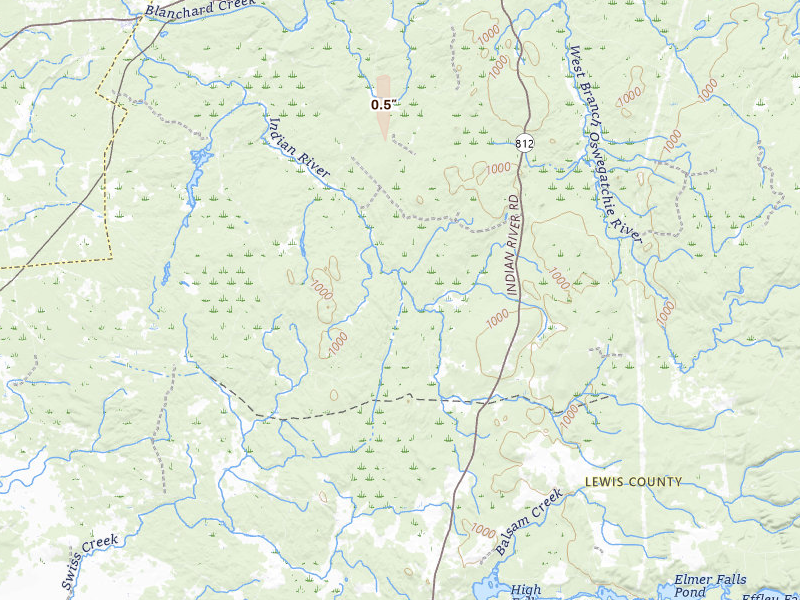 Radar-estimated hail-size map of the storm over Croghan, NY on Mar 22, 2026