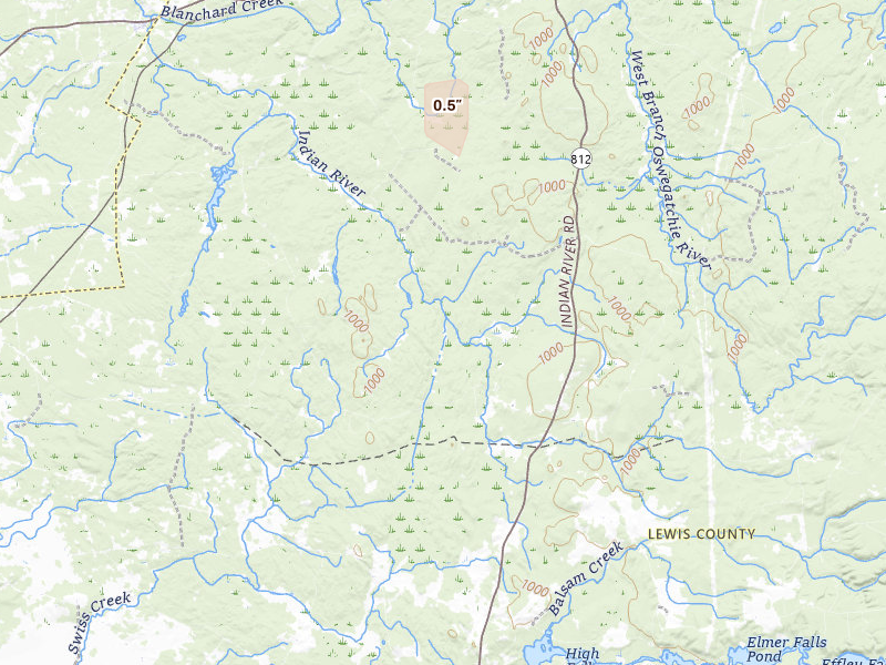 Radar-estimated hail-size map of the storm over Croghan, NY on Apr 15, 2026