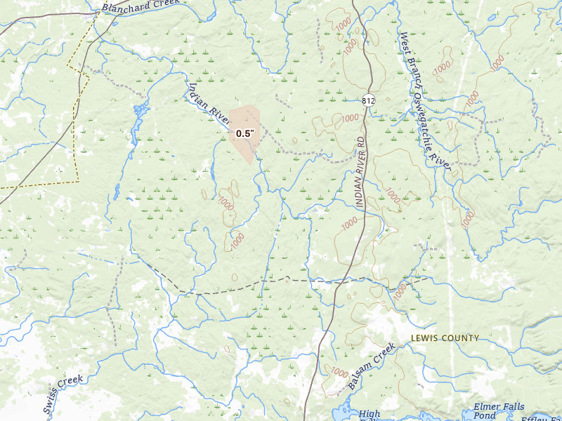 Radar-estimated hail-size map of the storm over Croghan, NY on Jun 20, 2026