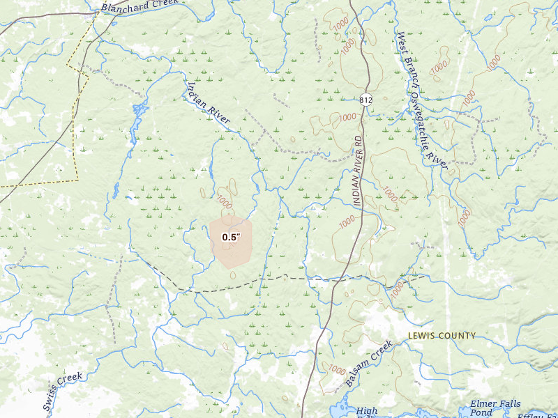 Radar-estimated hail-size map of the storm over Croghan, NY on Aug 31, 2026