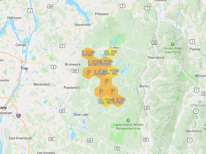 Hail map of Cropseyville, NY on Jul 2, 2026, hail up to 1.25"