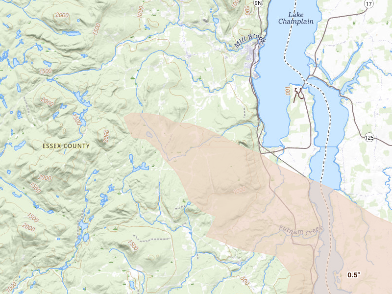 Radar-estimated hail-size map of the storm over Crown Point, NY on Jul 14, 2026