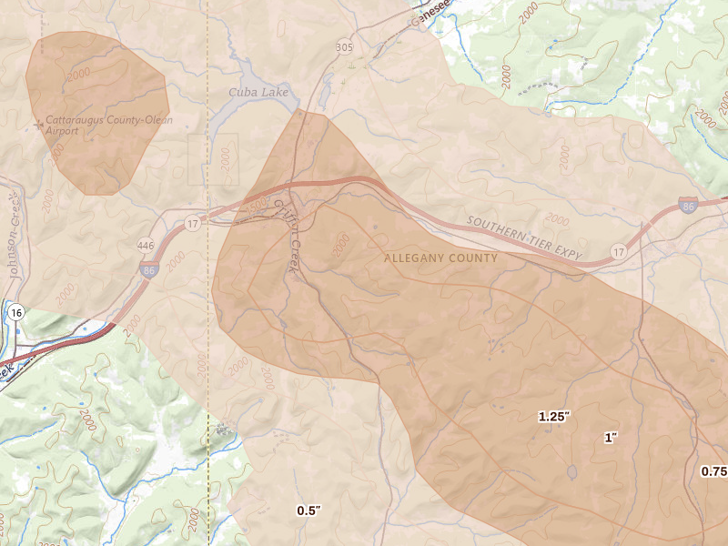 Radar-estimated hail-size map of the storm over Cuba, NY on Sep 2, 2026