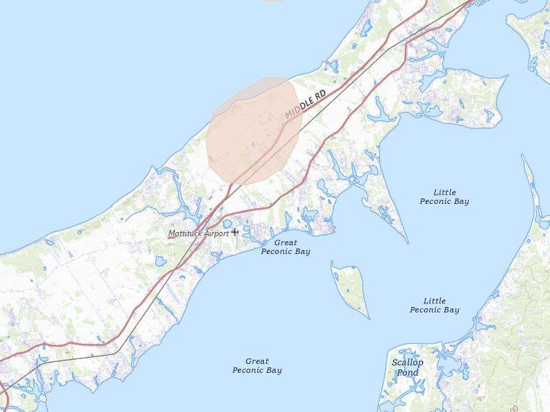 Radar-estimated hail-size map of the storm over Cutchogue, NY on Aug 12, 2026