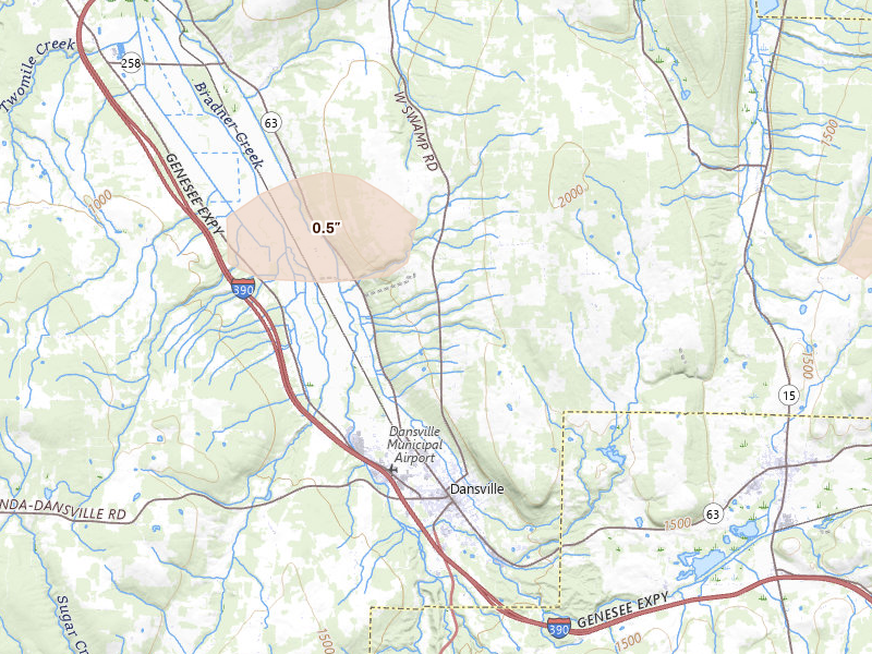 Radar-estimated hail-size map of the storm over Dansville, NY on Jun 11, 2026