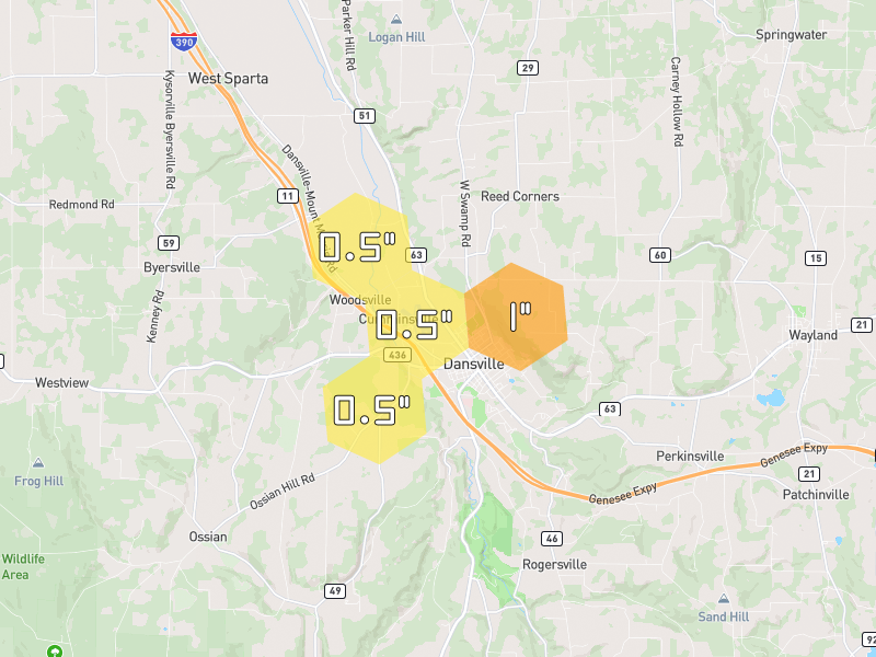 Hail map of Dansville, NY on Jul 3, 2026, hail up to 1"