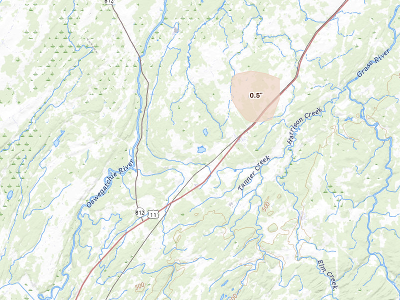 Radar-estimated hail-size map of the storm over De Kalb Junction, NY on Jan 4, 2026
