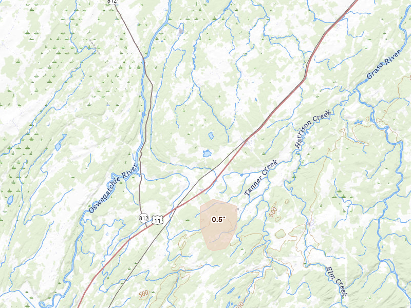 Radar-estimated hail-size map of the storm over De Kalb Junction, NY on Mar 5, 2026