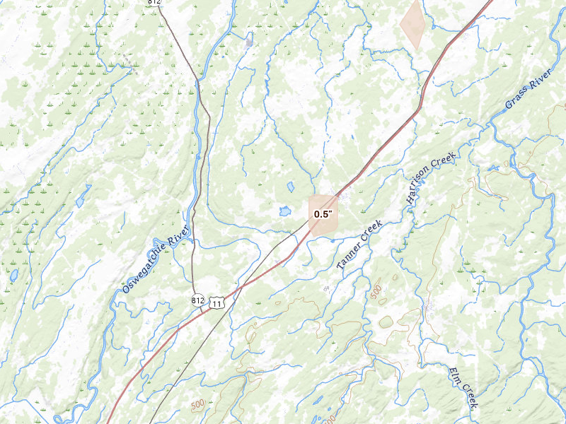 Radar-estimated hail-size map of the storm over De Kalb Junction, NY on Mar 15, 2026