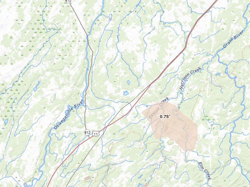 Radar-estimated hail-size map of the storm over De Kalb Junction, NY on Mar 25, 2026
