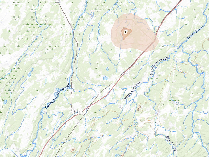 Radar-estimated hail-size map of the storm over De Kalb Junction, NY on Mar 29, 2026