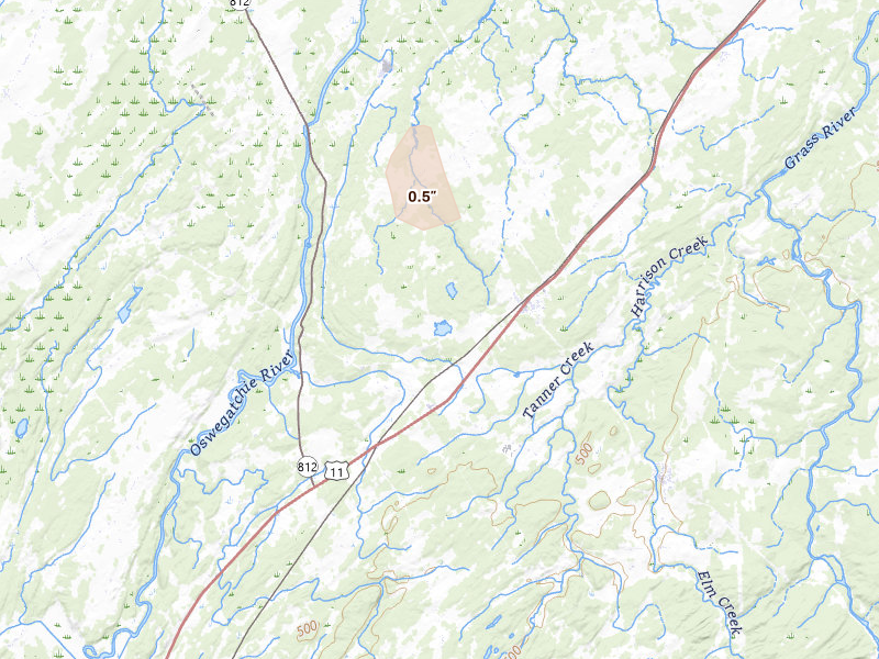 Radar-estimated hail-size map of the storm over De Kalb Junction, NY on Mar 30, 2026