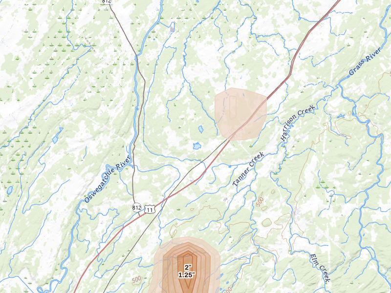 Radar-estimated hail-size map of the storm over De Kalb Junction, NY on Mar 31, 2026