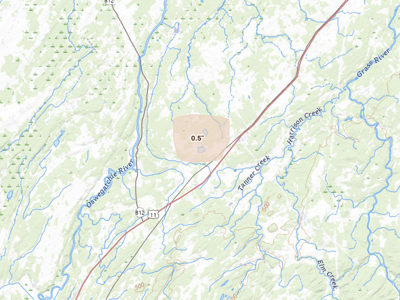 Radar-estimated hail-size map of the storm over De Kalb Junction, NY on Apr 3, 2026