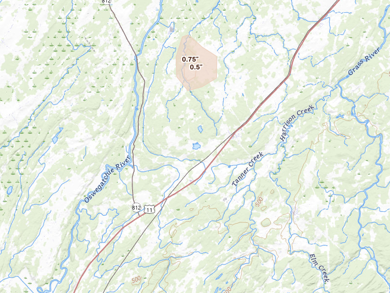 Radar-estimated hail-size map of the storm over De Kalb Junction, NY on May 1, 2026