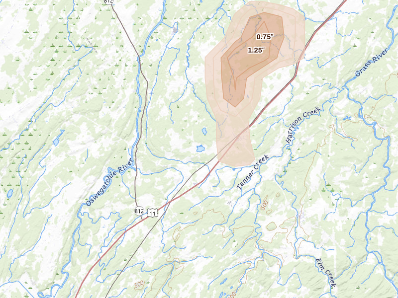 Radar-estimated hail-size map of the storm over De Kalb Junction, NY on May 9, 2026