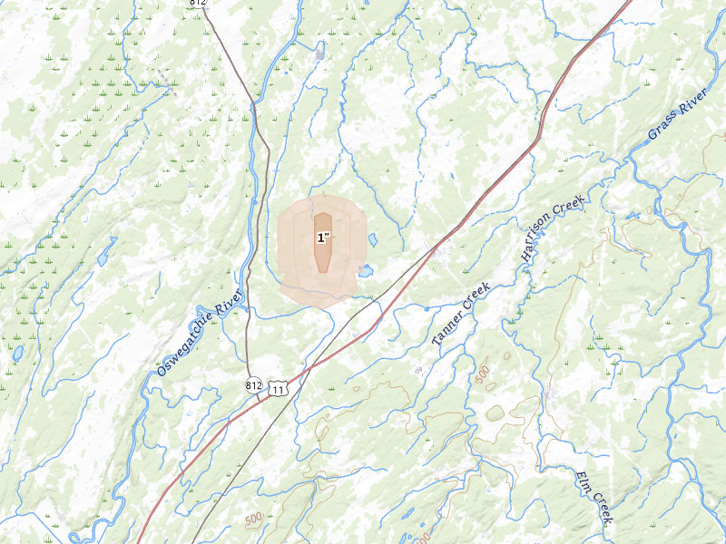 Radar-estimated hail-size map of the storm over De Kalb Junction, NY on May 29, 2026