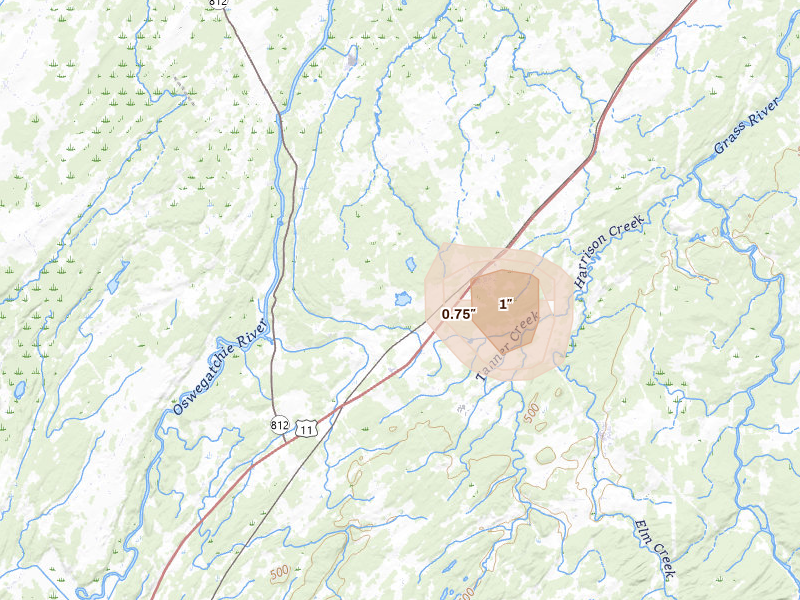 Radar-estimated hail-size map of the storm over De Kalb Junction, NY on Jun 17, 2026
