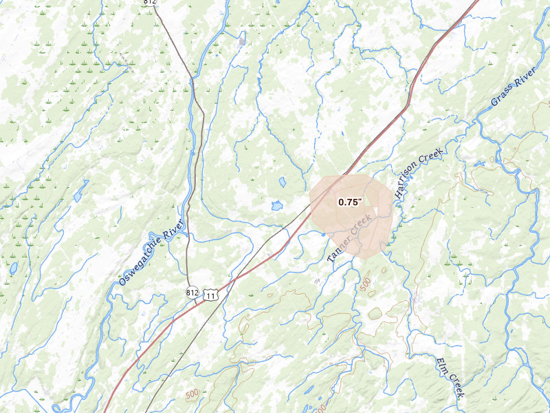 Radar-estimated hail-size map of the storm over De Kalb Junction, NY on Jun 22, 2026