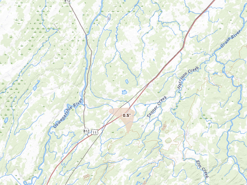 Radar-estimated hail-size map of the storm over De Kalb Junction, NY on Jun 25, 2026