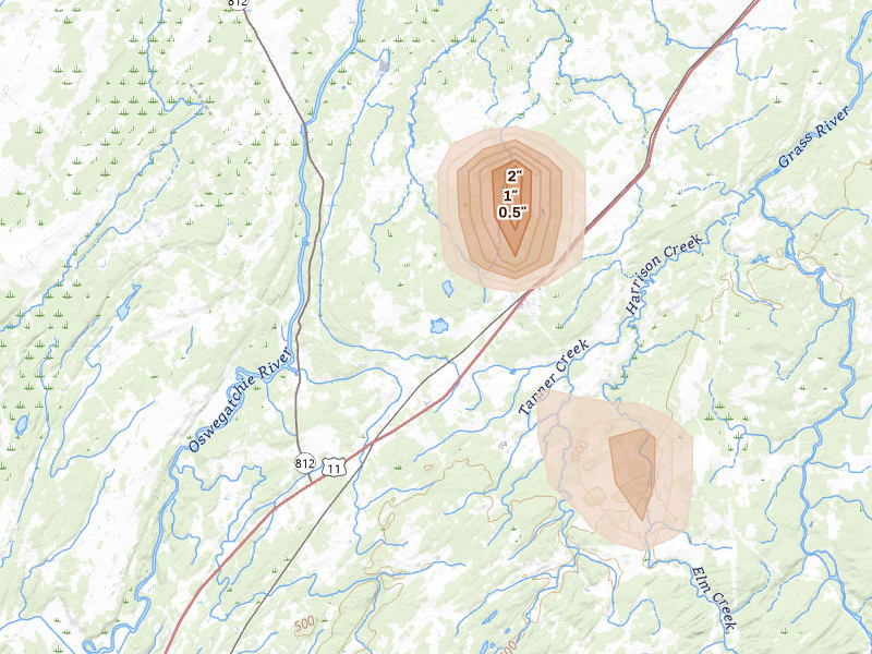 Radar-estimated hail-size map of the storm over De Kalb Junction, NY on Jul 2, 2026