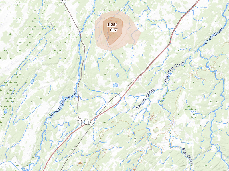 Radar-estimated hail-size map of the storm over De Kalb Junction, NY on Jul 4, 2026