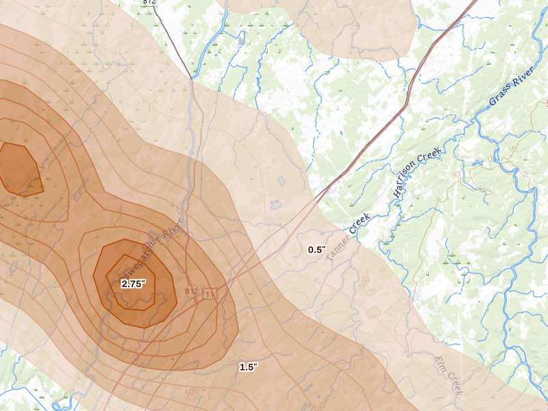 Radar-estimated hail-size map of the storm over De Kalb Junction, NY on Jul 14, 2026