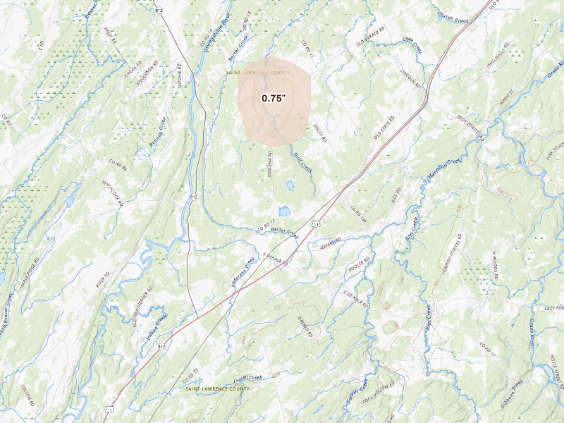 Radar-estimated hail-size map of the storm over De Kalb Junction, NY on Aug 27, 2026