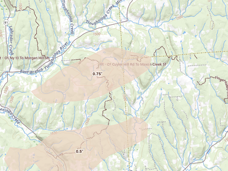 Radar-estimated hail-size map of the storm over De Ruyter, NY on Aug 27, 2026