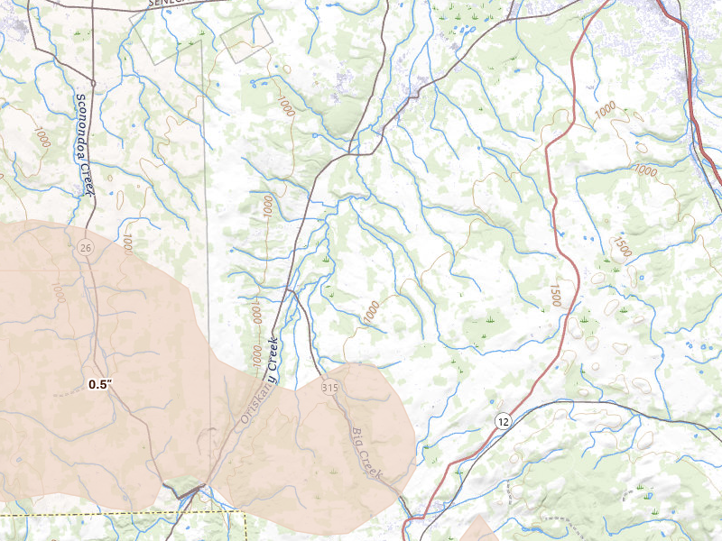 Radar-estimated hail-size map of the storm over Deansboro, NY on Jul 1, 2026