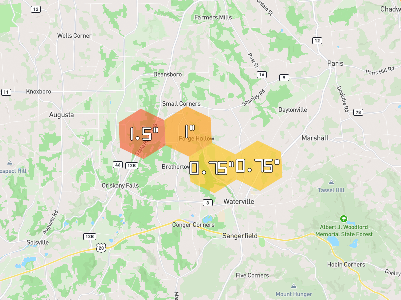 Hail map of Deansboro, NY on Jul 2, 2026, hail up to 1.5"
