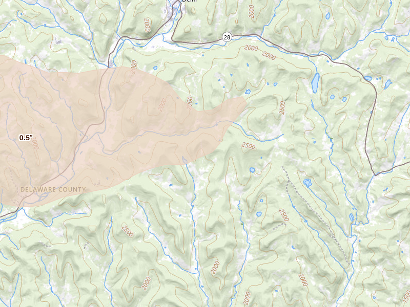 Radar-estimated hail-size map of the storm over Delancey, NY on Mar 31, 2026