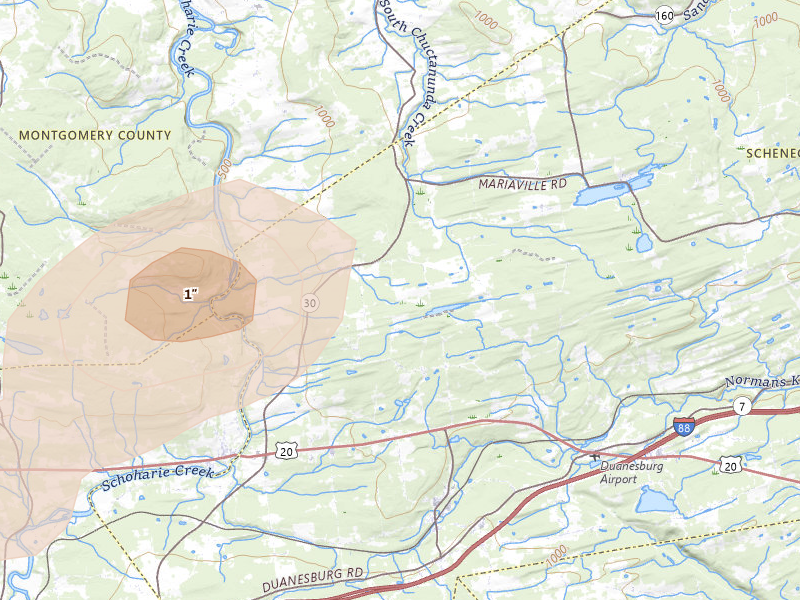 Radar-estimated hail-size map of the storm over Delanson, NY on Jul 1, 2026