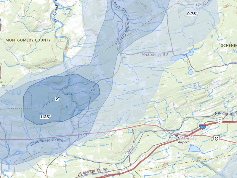 NEXRAD radar-signature map of the hail storm over Delanson, NY on Jul 1, 2026